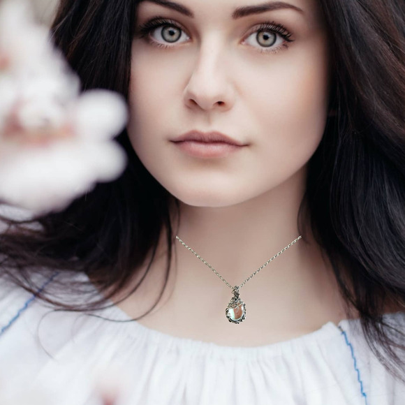 Antiqued Silver Tone Free Form Oval Cabochon Iridescent Crystal Pendant 18" - Picture 4 of 4